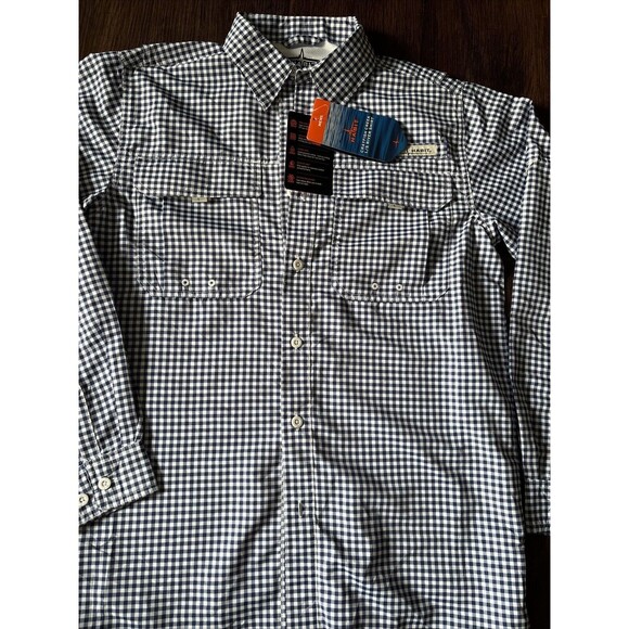 Habit Men's UPF 40+ Crayfish Creek Long Sleeve Navy PlaidRiver Shirt sz SFishing - Picture 2 of 8